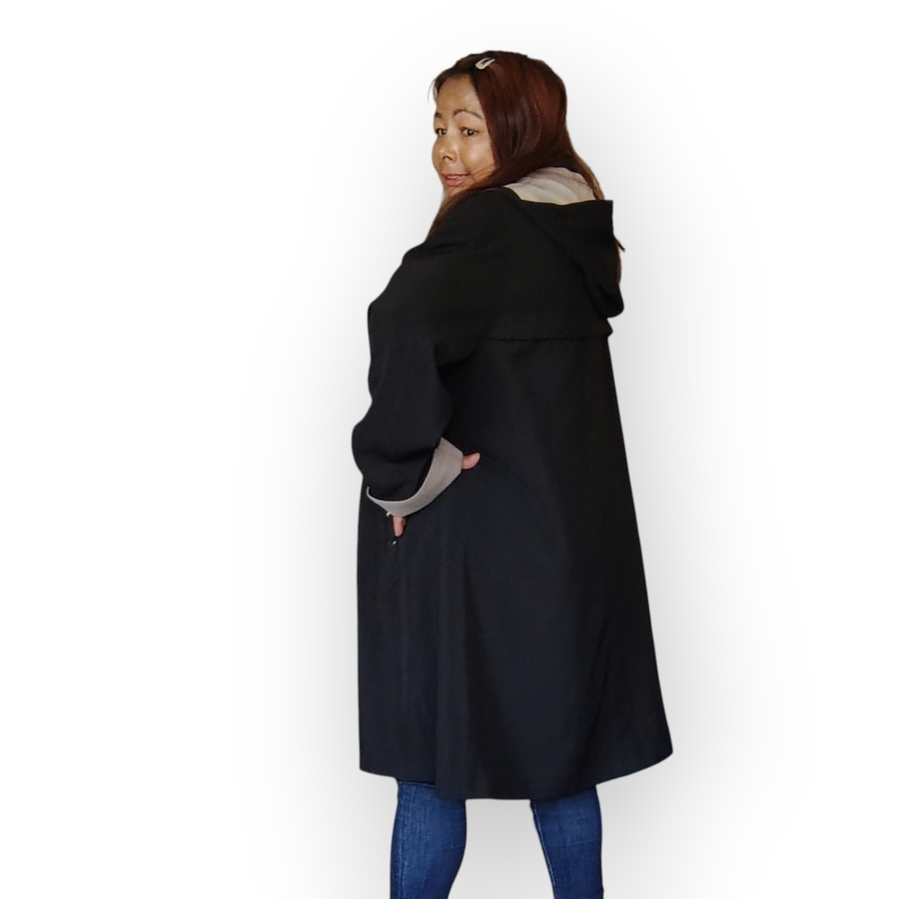 CONTEMPORAINE. Women's Black Trenchcoat With Beige Cuffs On Sleeve Size Large. - Picture 3 of 14